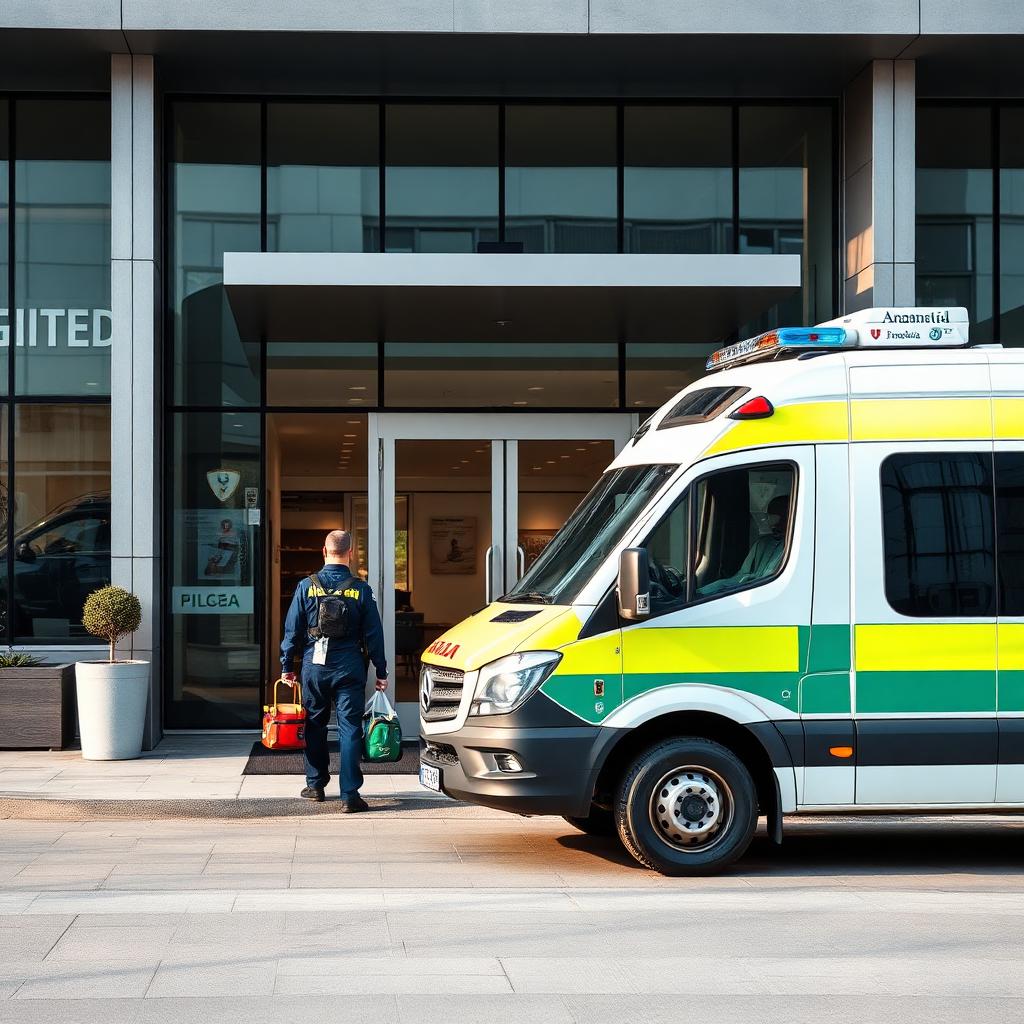 Ambulância da CENEMED posicionada em empresa