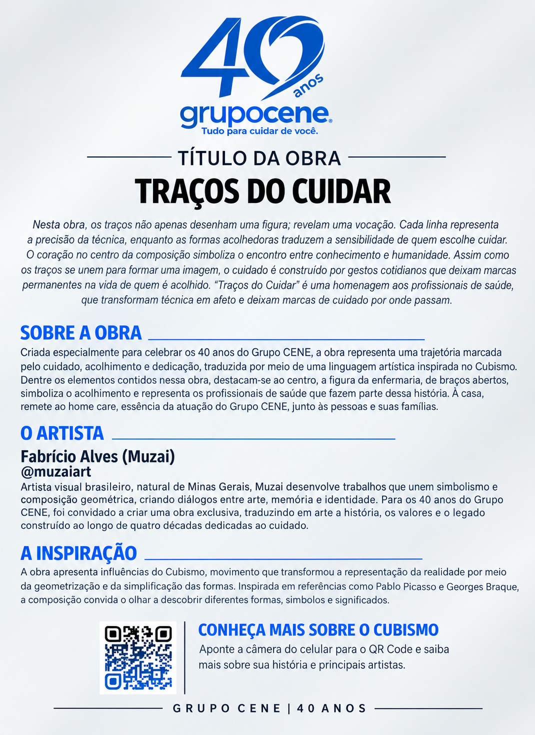 Painel explicativo da obra Traços do Cuidar, com conceito, informações sobre o artista Muzai e inspiração no Cubismo
